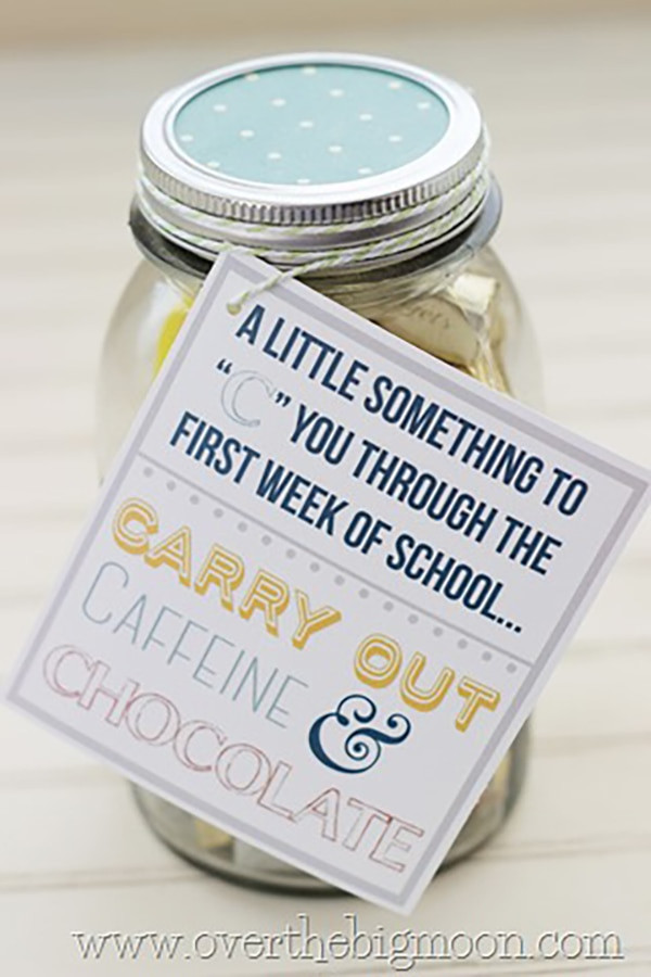 A welcome back gift basket for teachers with gourmet coffee, sweet treats, and a fresh fruit basket.