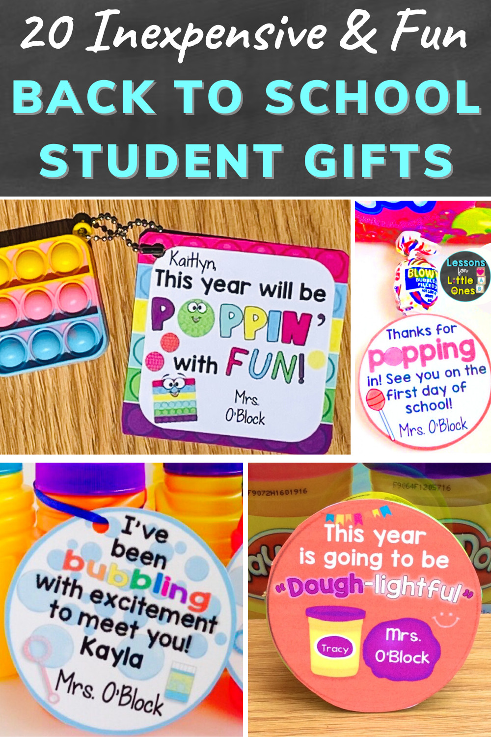alt: A collection of colorful back to school gift tags with various themes like bubbles, pop-its, and cookies.