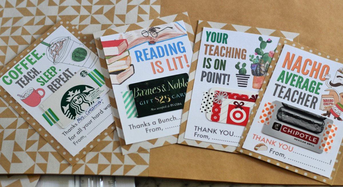alt: A collection of colorful printable gift card holders for teachers, featuring designs like "Thanks a Latte," "On Point," and "Nacho Average Teacher."