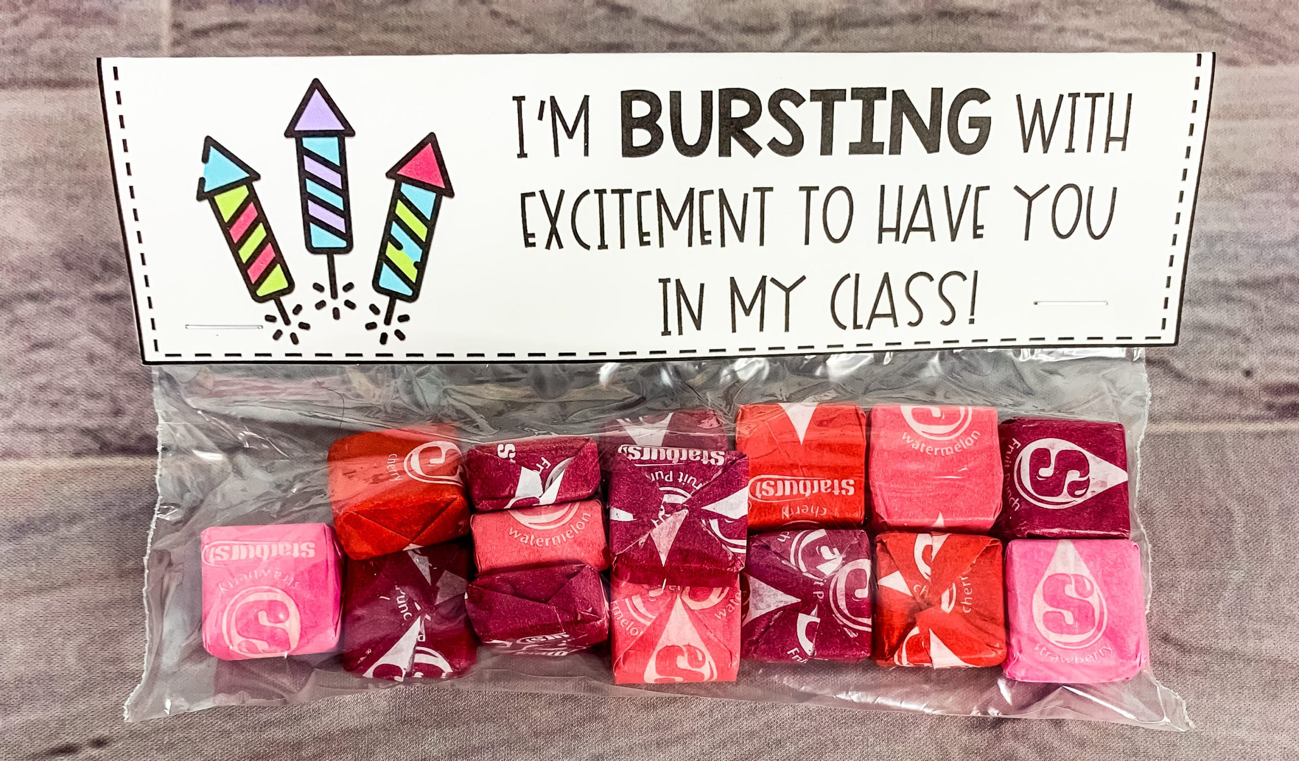 alt text describing the Starburst bag with label