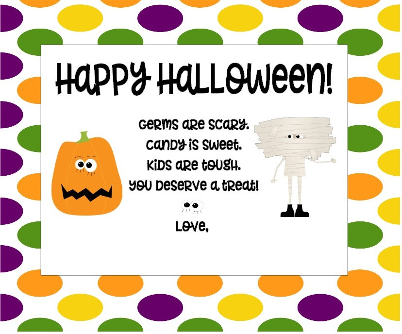 alt text: Halloween treat bag with candies and a personalized note for teachers