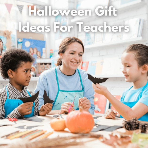 alt=A teacher receiving a Halloween gift basket from a student