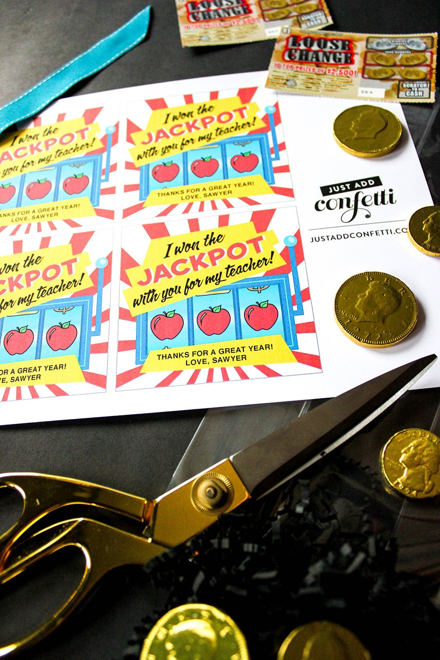 Lottery ticket gift with chocolate coins and printable tag.