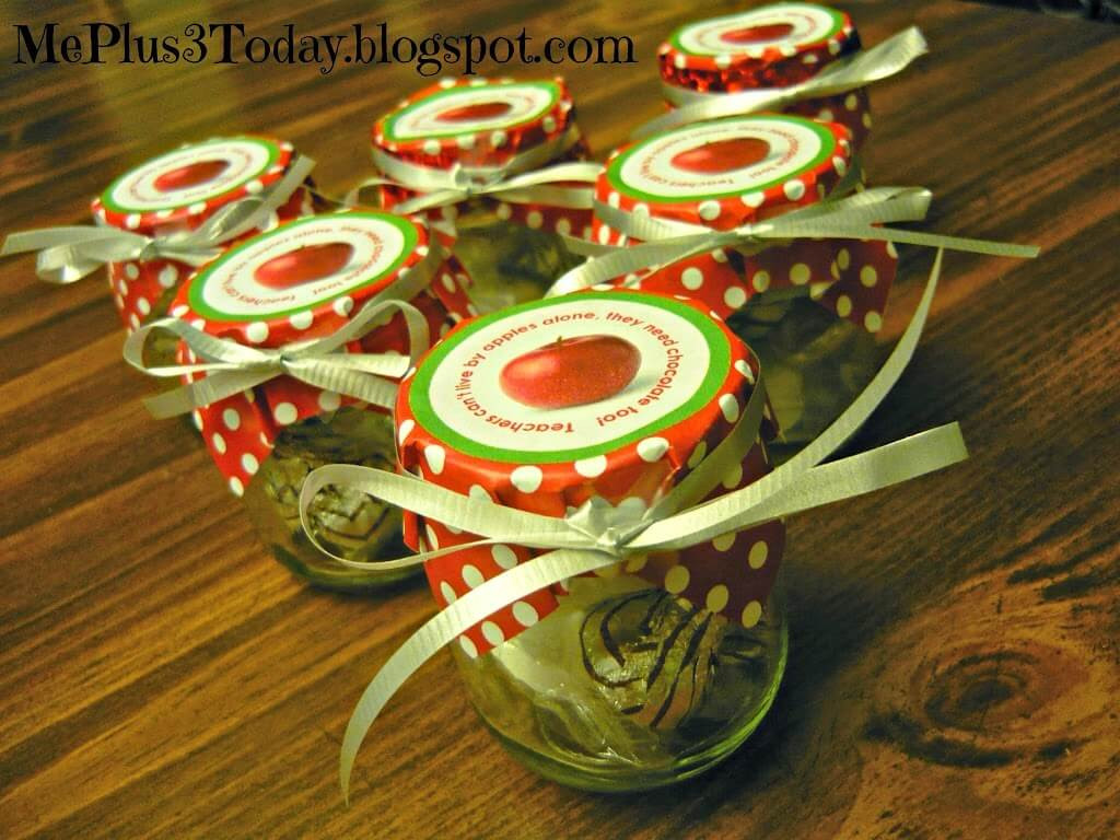 Personalized candy jar with label saying "Teachers can't live by apples alone... they need chocolate too"