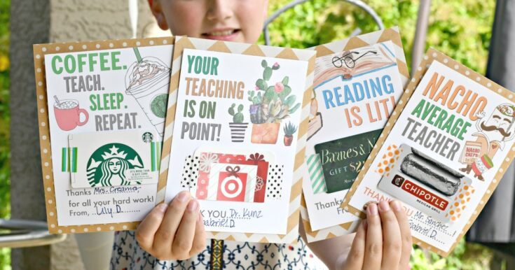 Teacher appreciation gift card holders with various designs.