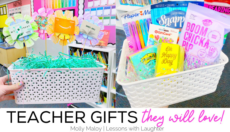 Teacher gift basket ideas with snacks and personalized items.